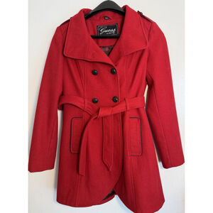 Guess Los Angeles Wool Red Rouge Pea Coat Jacket Winter Formal Women Belt Size S
